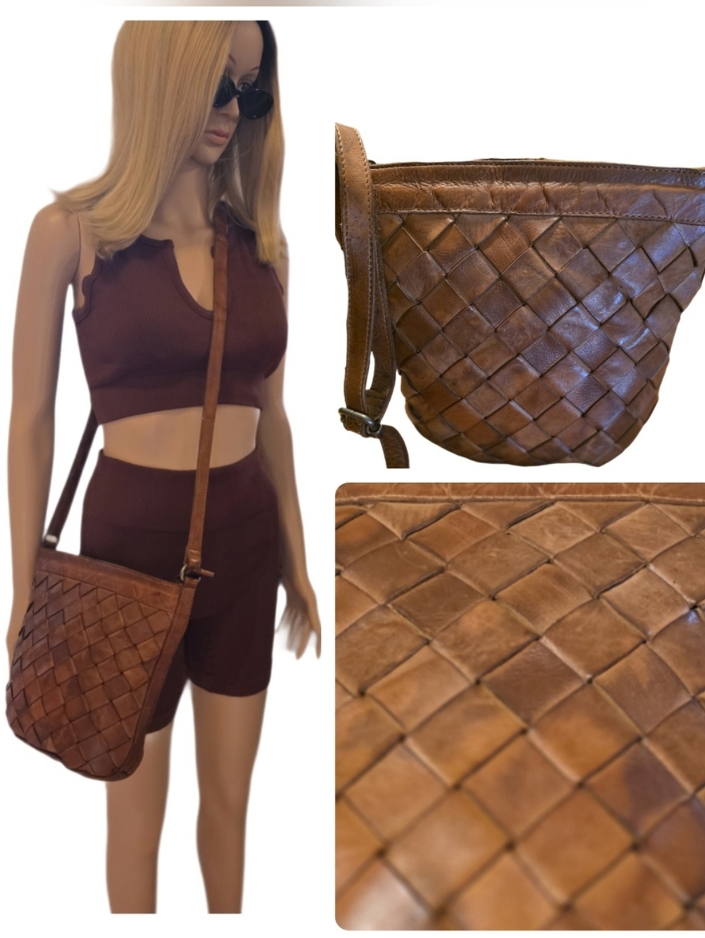 Vilenca Holland Woven Leather Bucket Crossbody Bag - Cognac/Brown EUC